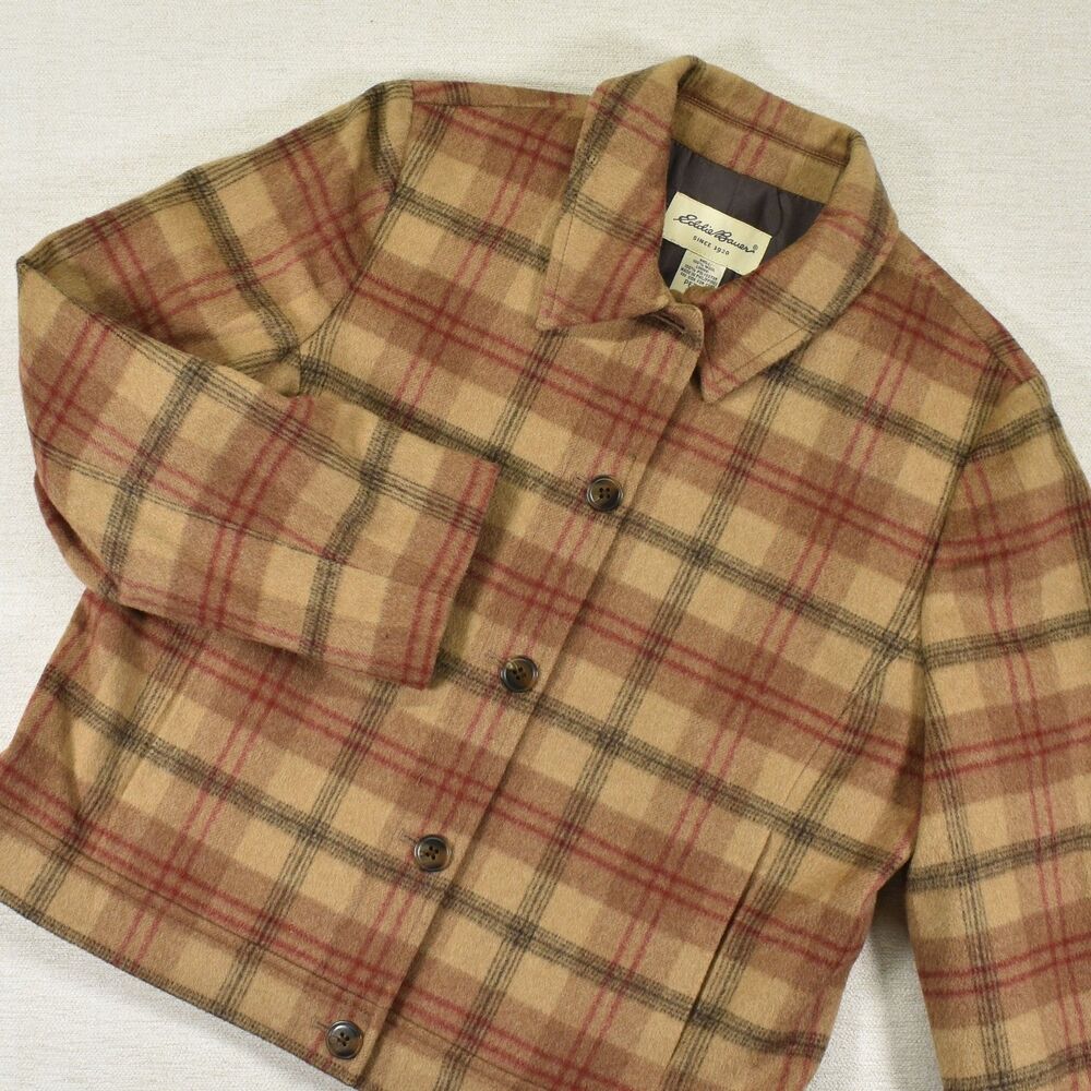 VTG Eddie Bauer Womens Plaid Wool Blend Chore Coat Barn Jacket Tan Red Size S/P